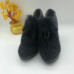 Black Rhinestones Kitten Heel Ankle Boots Pointed Toe Fashion Short Booties